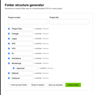 Folder Generator screen in Tango Juliet: clicking Create folders, then the resulting folder structure explored in Finder