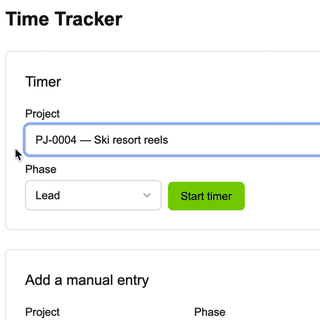 Time Tracker screen in Tango Juliet: starting a timer on a project, then stopping it once the entry is logged